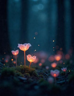 Primary subject: A small flower with a lit-up center, surrounded by other lit flowers.

Setting/background: A forest with trees in the background.

Visual style: A photo of the flower in the forest.

Colors and mood: The flowers have a warm, glowing effect, creating a serene and peaceful atmosphere.